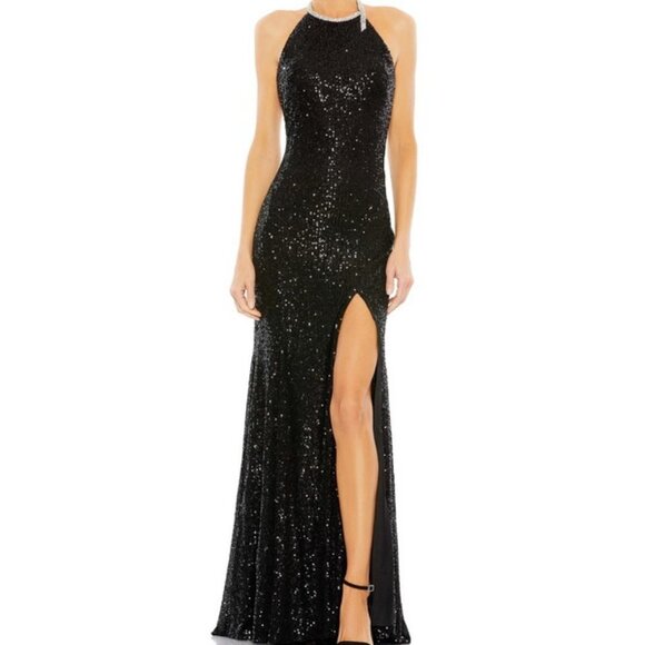 Mac Duggal Black Sequined High Neck Rhinestone Trim Gown